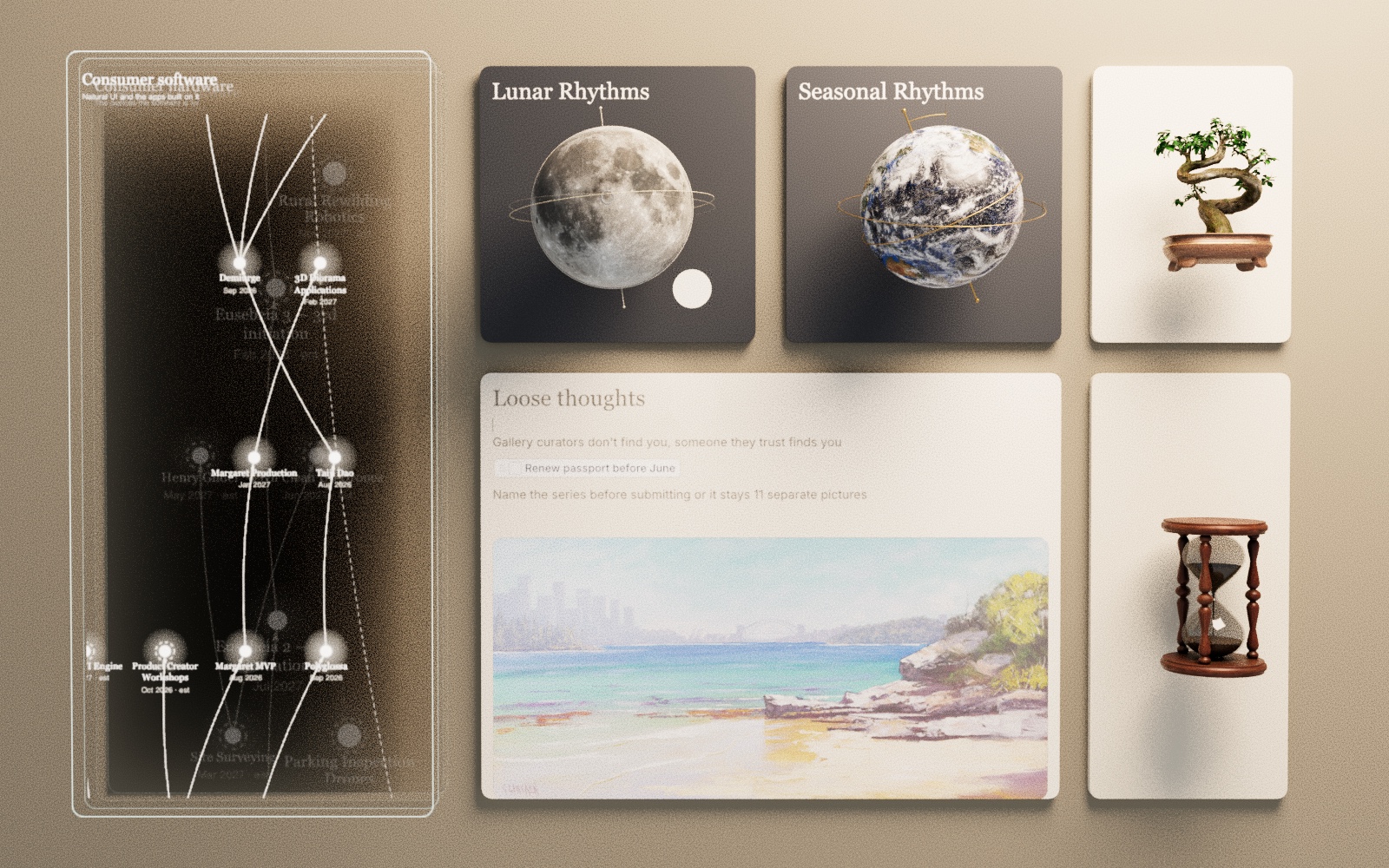 Kairos Lifemap — notes, natural rhythms and a causal roadmap laid out as cards in a path traced 3D scene
